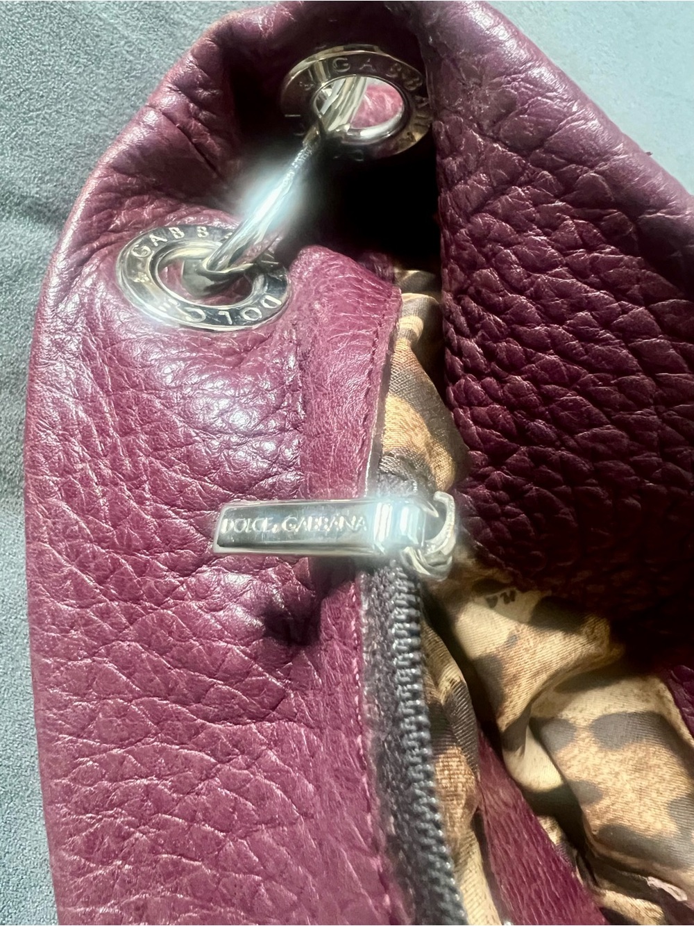 Dolce and Gabbana plum pebbled leather shoulder bag with silver hard ware. - Picture 6 of 14